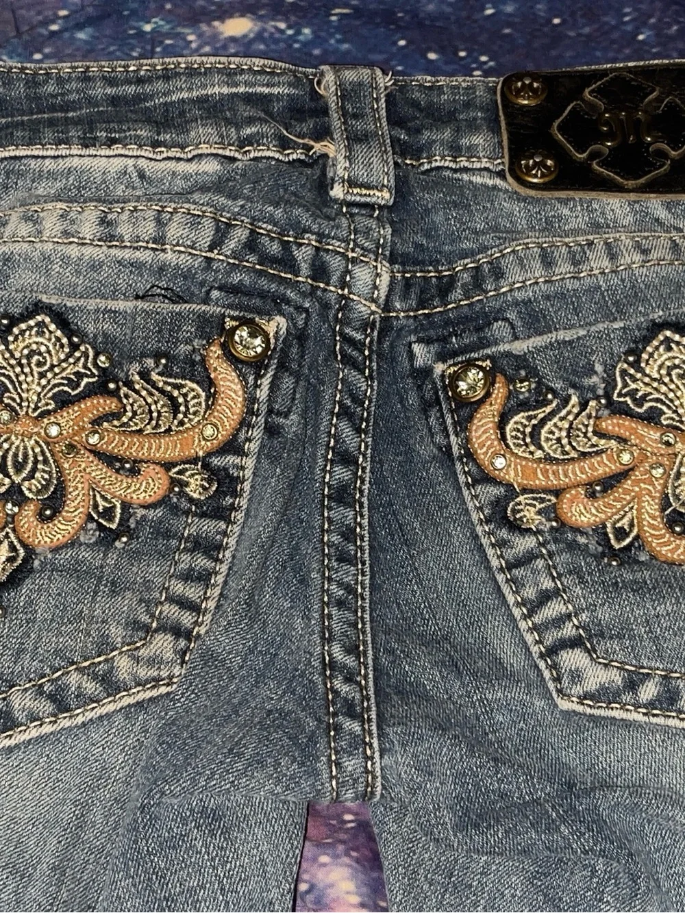 Miss Me Straight Leg Jeans Size 26 Ornate Gold Scrollwork Rhinestone Bling Y2K.